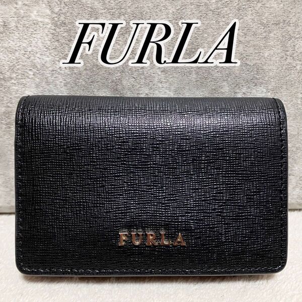 未使用に近い FURLA フルラ BABYLON バビロン 名刺入れ カードケース サフィアーノレザー 本革 ブラック ロゴ金具