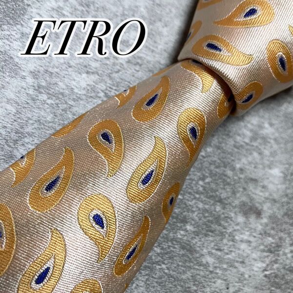 【極美品】 ETRO エトロ ネクタイ シルク ペイズリー柄 ジャガード織 光沢感 イタリア製 ゴールド系 高級感 定番