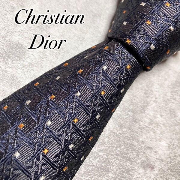 【美品】 Christian Dior クリスチャンディオール ネクタイ シルク ドット チェック 光沢感 ジャガード織 ブラック
