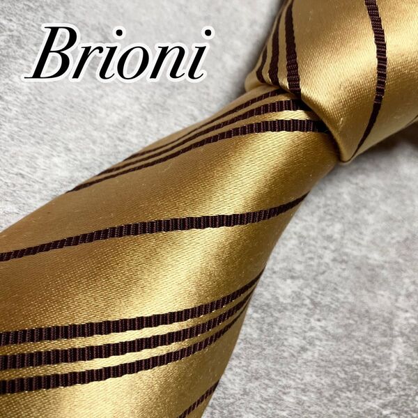【良品】 Brioni ブリオーニ ネクタイ シルク レジメンタル ストライプ 光沢感 イタリア製 ゴールド × ダークブラウン