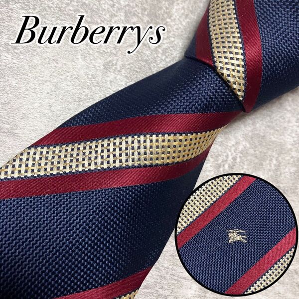 【良品】 Burberrys バーバリー ネクタイ シルク レジメンタル ストライプ ネイビー × レッド ホースロゴ