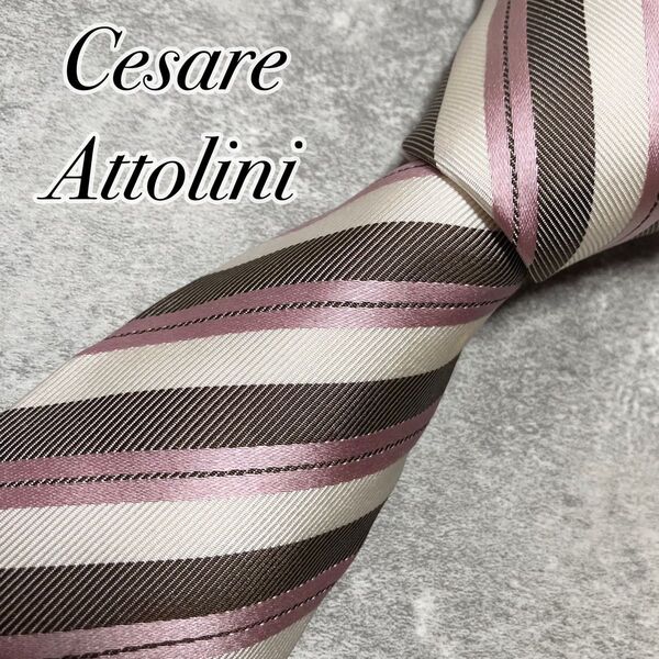 【美品】 Cesare Attolini チェザーレアットリーニ ネクタイ シルク レジメンタル ストライプ ピンク イタリア製