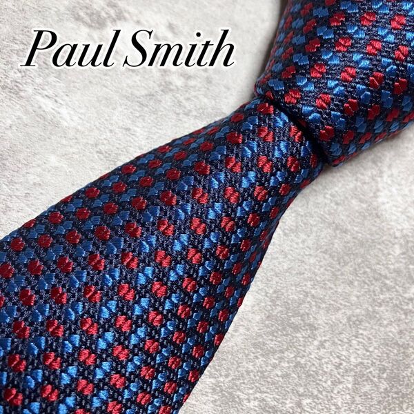 【美品】 Paul Smith ポールスミス ネクタイ シルク バイカラー ジャガード織 無地調 織柄 ネイビー × レッド