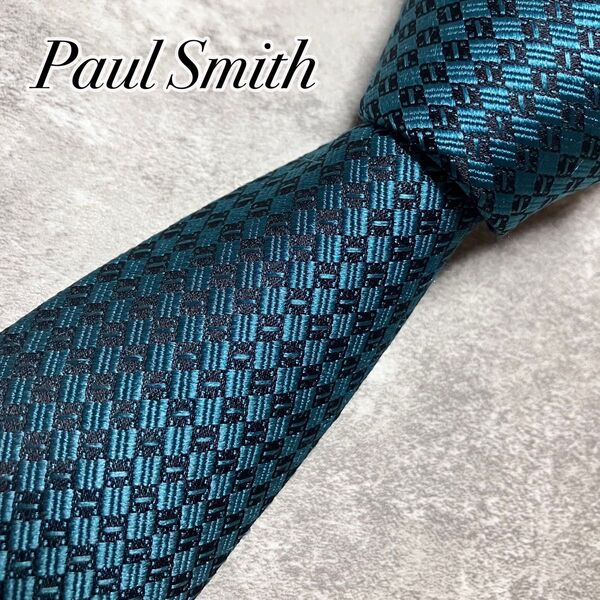 【良品】 Paul Smith ポールスミス ネクタイ 無地調 ソリッド チェック ブルー系 光沢感 ジャガード織 イタリア製