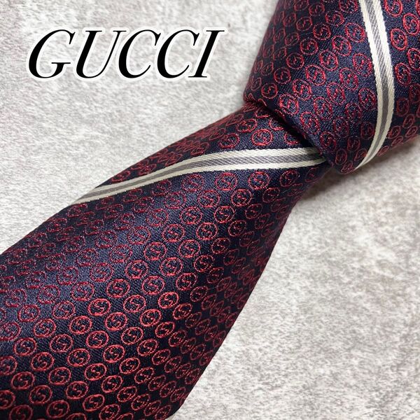 【良品】 GUCCI グッチ ネクタイ シルク GG柄 インターロッキング レジメンタル ストライプ ボルドー 光沢感 ジャガード
