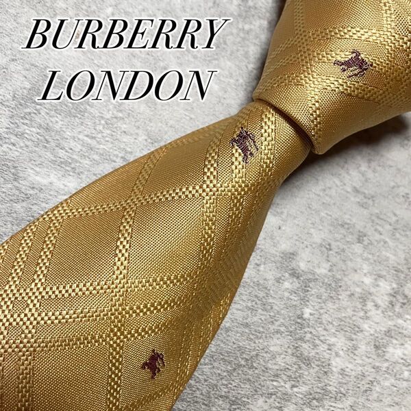 極美品 BURBERRY LONDON バーバリーロンドン ネクタイ シルク ノバチェック ホースロゴ ゴールド 光沢感 イタリア