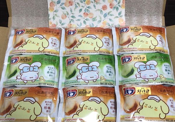 おりがみと花王の高濃度炭酸大判タブレット入浴剤 メディキュア かわいいポムポムプリンとシナモロールのパッケージ♪
