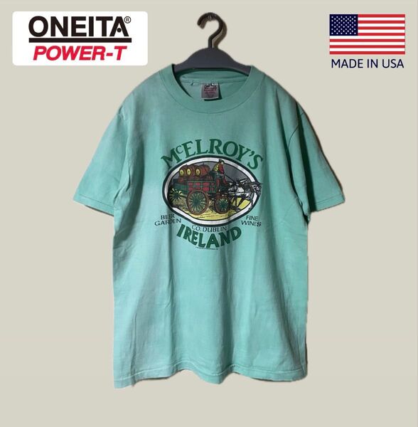 80s USA製 ONEITA Tシャツ 銀タグ前期 シングルステッチ 丸胴 L ターコイズ パステル ミント エメラルドグリーン