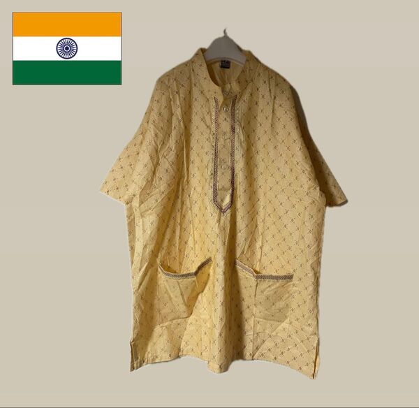 kurta shirt クルタシャツ バンドカラー 半袖 プルオーバー 刺繍 総柄 インド製 民族衣装 薄いオレンジ