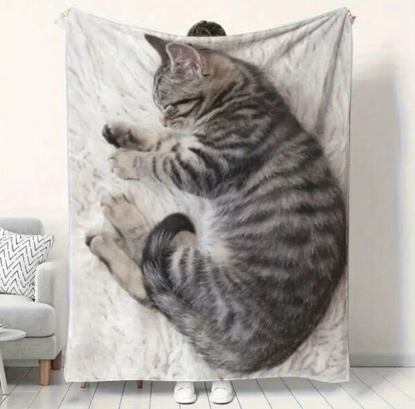 サバトラ 猫柄 プリント 膝掛け ブランケット 毛布 猫 ネコ ねこ