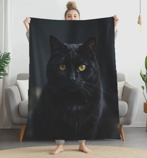 黒猫 クロネコ 猫柄 プリント 膝掛け ブランケット 毛布 猫 ネコ ねこ