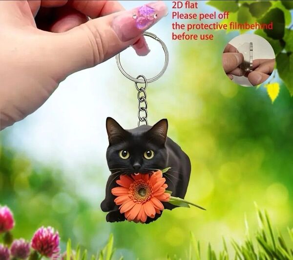 ガーベラを咥えた猫 黒猫 キーホルダー キーリング 猫 ネコ ねこ アクリル