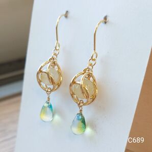 天然石&チェコビーズピアス C689 ゴールデンルチルクォーツ