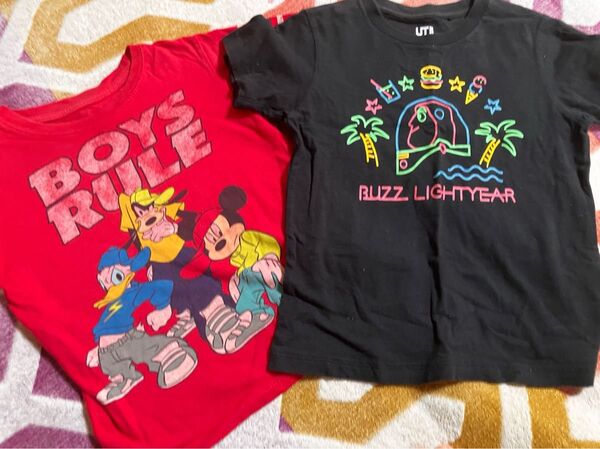 110センチ 半袖 Tシャツ 2枚セット ミッキー バズ トイストーリー ユニクロ 黒 赤 子供服 キッズ 古着
