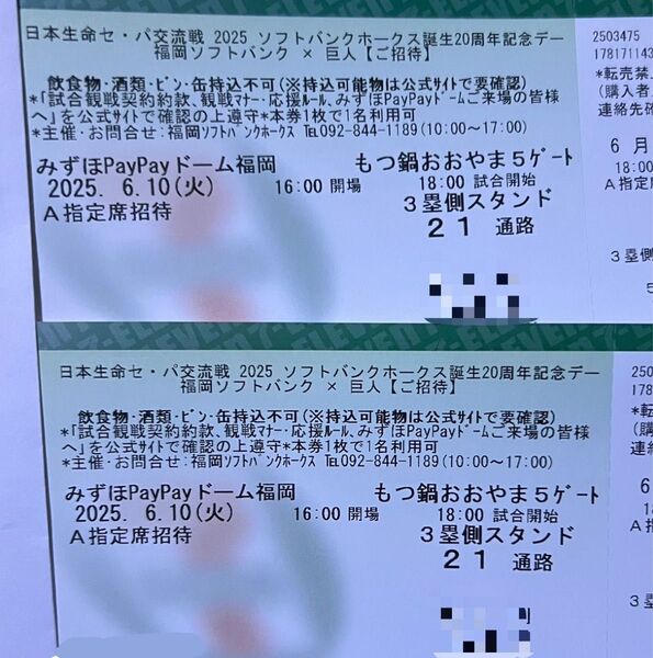 6月10日(火)ソフトバンクホークスvs巨人 A指定席ペアチケット PAYPAYドーム