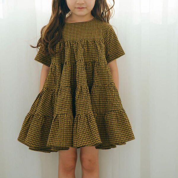 Checkered Tiered Dress yellow×black 3-4y