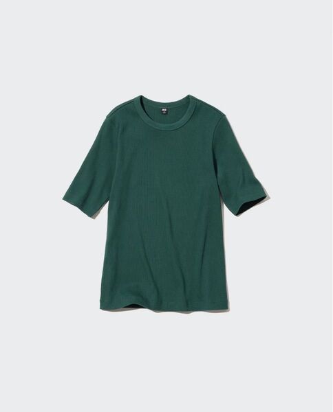 UNIQLO ユニクロ リブクルーネックt 五分袖 ダークグリーン L