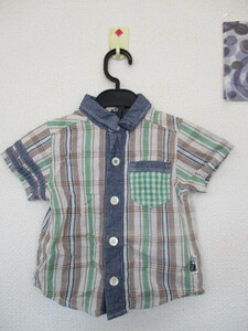 *CHILO CHAMP baby short sleeves shirt check pattern thin Denim × tea × green (90)