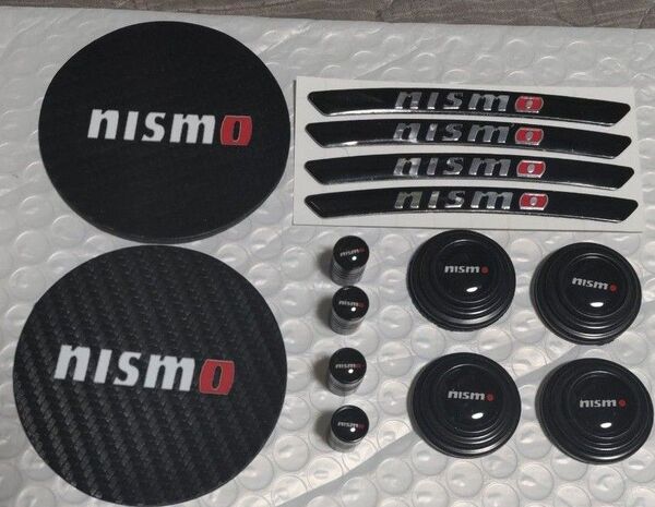 日産ニスモ ドリンクホルダーコースター&ホイールリムメタルステッカー&エアーバルブキャップ&衝撃吸収ラバーステッカーセット。