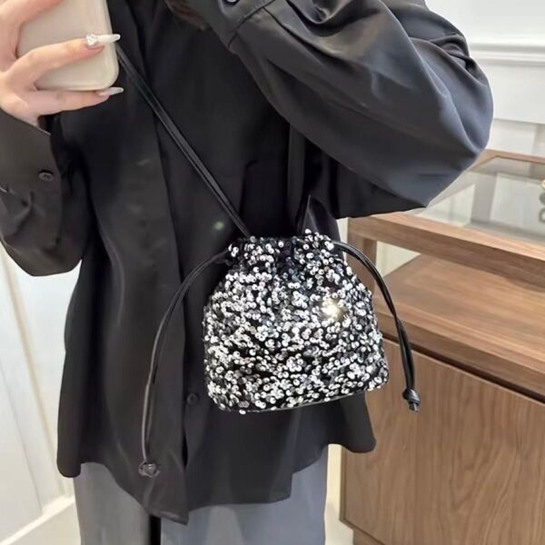 2WAY スパンコール 巾着 バッグ ショルダーバッグ シルバー 黒 結婚式 2WAYバッグ ハンドバッグ ミニバッグ