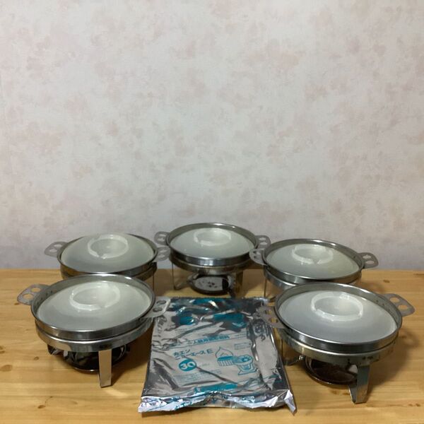 中古品 アウトドアに最適 ステンレス一人鍋セット 固形燃料用 5客