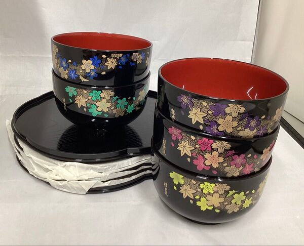 桂由美 花の舞 五色色違い 丼・汁椀 お盆付 漆器