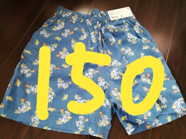 値下不可タグ付ユニクロリネンブレンドイージーショートパンツ150 青ユニクロ GIRLSウエストゴ厶