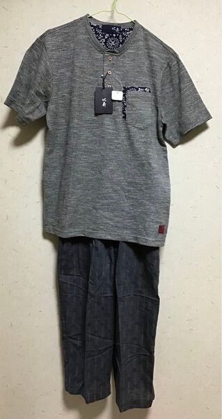 メンズ ホームウェア 上下セット 半袖Tシャツ&ハーフパンツ L 葛飾北斎 淡黒グレー系 ルームウェア 未使用