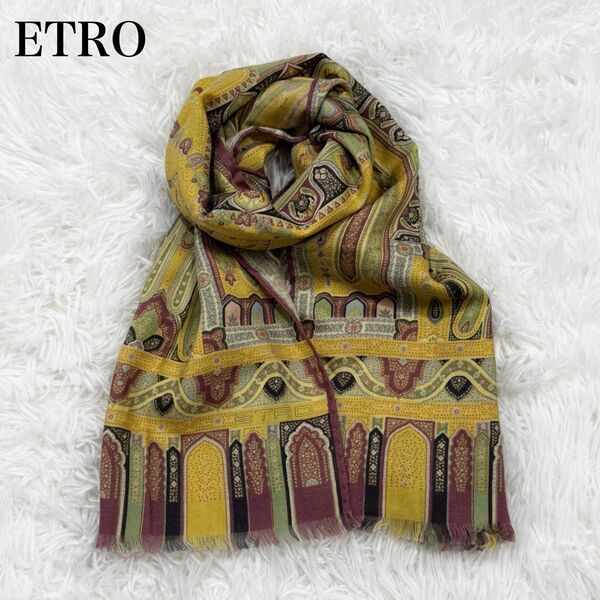 未使用品!タグ付き ETRO エトロ ストール スカーフ ペイズリー柄 ウール シルク イエロー系