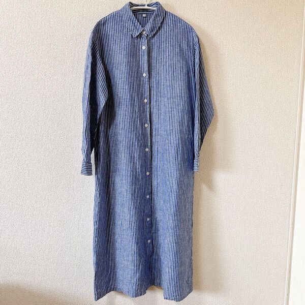 【美品】無印良品 リネン 洗いざらし 長袖シャツワンピース S ストライプ