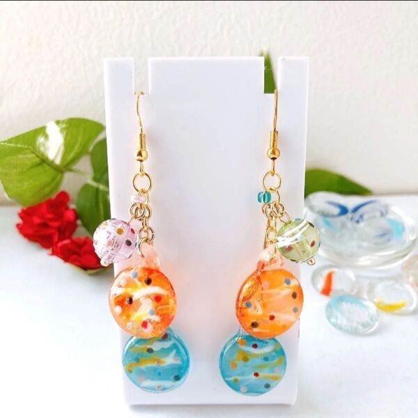 おはじき水風船ピアス 赤×水色 ピアス イヤリング プレゼント ヨーヨー 水風船 祭 和 ハンドメイド おはじき 再販 夏