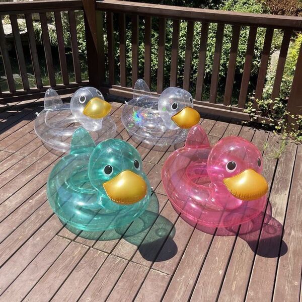 【ブルー】ベビー キッズ用 あひるのうきわ 透明 夏 海 プール 水遊び 可愛い