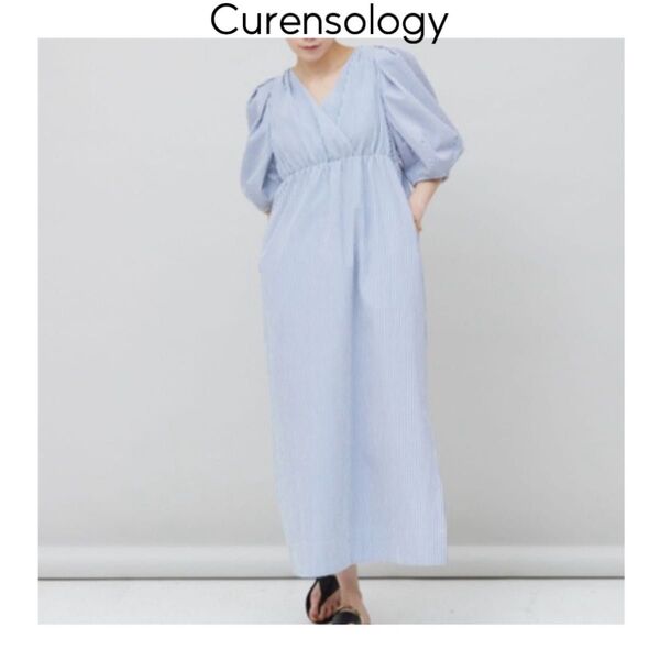 Curensology カレンソロジー ストライプサッカーギャザーワンピース 半袖 ボリュームスリーブ 総柄 ロング スリット