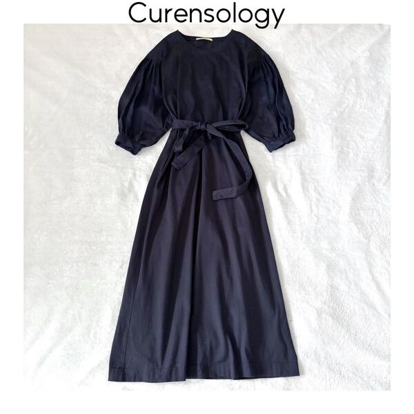 Curensology ボリュームスリーブワンピース ネイビー カレンソロジー コットン ロング ウエストリボン付 ゆったり 紺