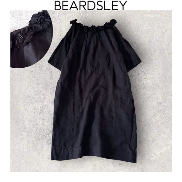 BEARDSLEY リネンコサージュワンピース チュニック ブラック ビアズリー ウォッシャブル ドロップショルダー ゆったり