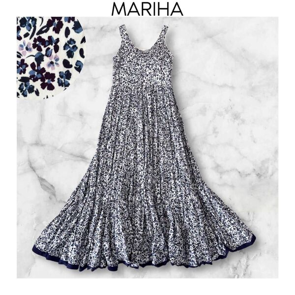 MARIHA 草原の虹のドレス マリハ ネイビー ワンピース ロング ティアード リゾート ノースリーブ 花柄 小花柄 ボタニカル