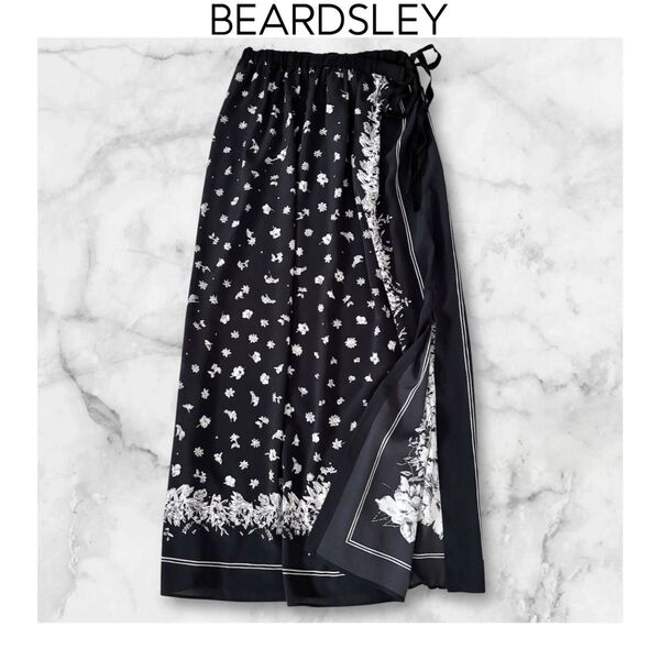 BEARDSLEY パネルフラワーラップスカート ブラック ビアズリー ロング とろみ素材 総柄 花柄 ウエストゴム 黒