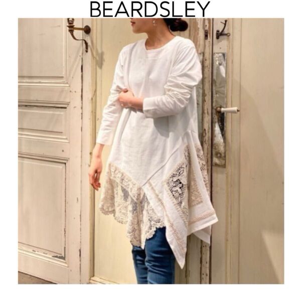 BEARDSLEY ビアズリー 裏毛カットソー レース裏毛チュニック ホワイト 白 長袖 コットン 綿 ゆったり