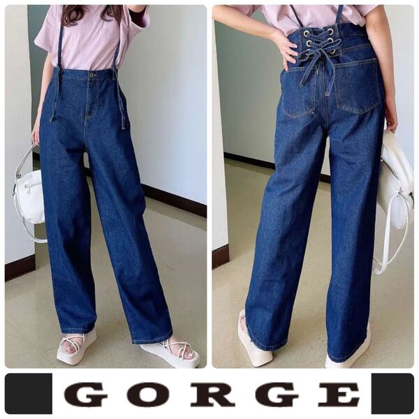 GORGE ゴージ レースアップ ハイウエスト デニム ワイドパンツ サロペット インディゴ