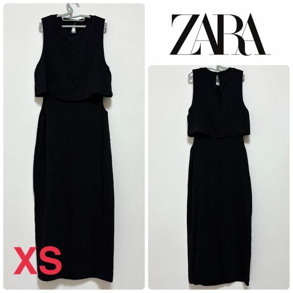 ZARA woman ザラ ブラック カットアウト ミディワンピース XS ノースリーブ クルーネック ワンピース ロング 黒