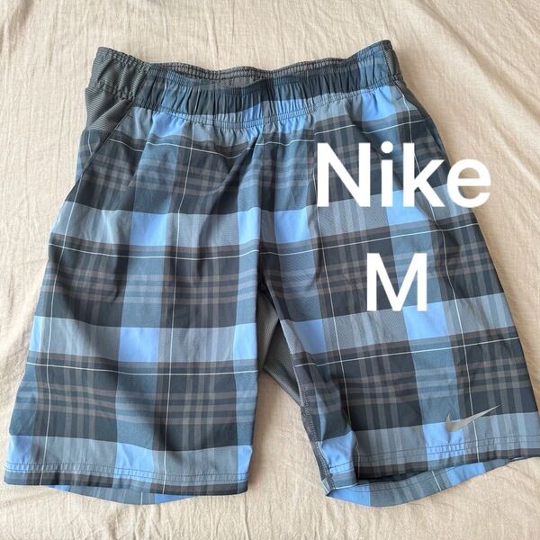 Nikeテニスショーツ ブルーチェック Mサイズ ドローコード used ポリエステル スポーツ ナイキ