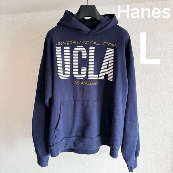 Hanes 古着パーカーUCLA スウェット フーディー ネイビー メンズ L USA コットンポリエステル スポーツused