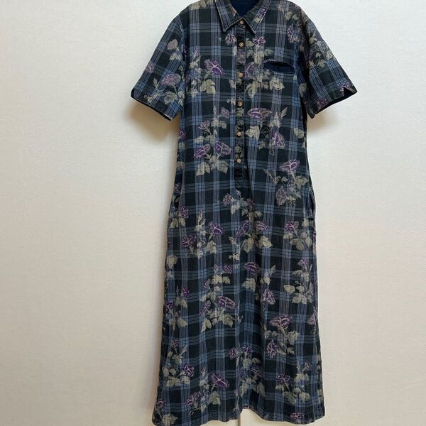サニークラウズ ロングシャツワンピース ブルー チェック 花柄 襟付き