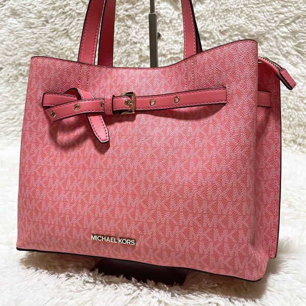 【美品】MICHAEL KORS マイケルコースEMILIA エミリア サッチェル ラージ ハンドバッグ ピンク