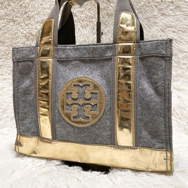 【A4】TORY BURCH トリーバーチ ELLA エラ トートバッグ グレー ビッグロゴ デカロゴ