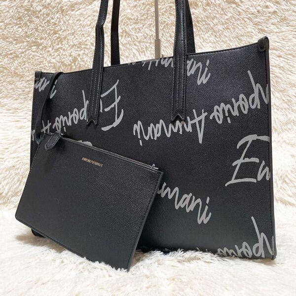 【激レア/A4】EMPORIO ARMANI エンポリオアルマーニ ショルダーバッグ トート ブラック ロゴ総柄 ポーチセット