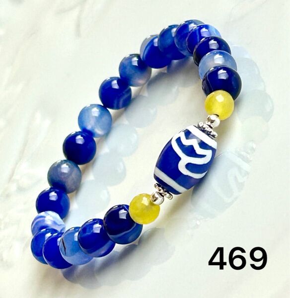 No.469 天然石ブレスレット パワーストーン ハンドメイド 蓮花天珠 青縞瑪瑙