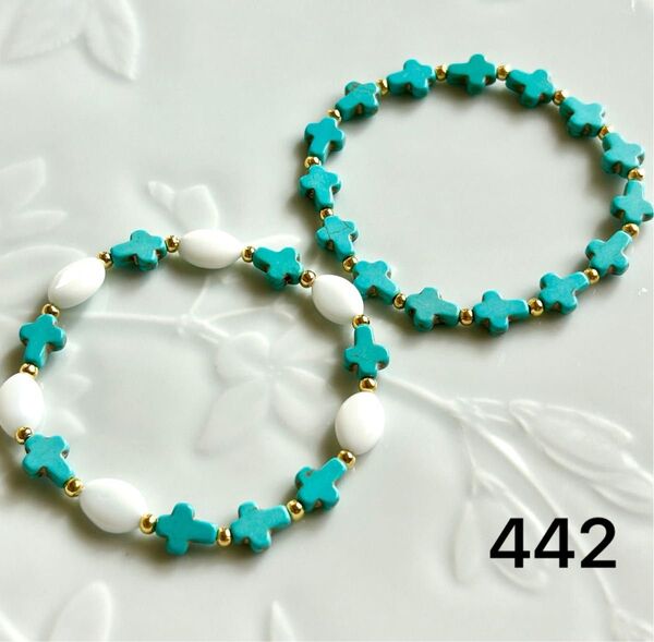 No.442 【お得な2本セット】サイズ変更有料 天然石ブレスレット ターコイズ ホワイトオニキス