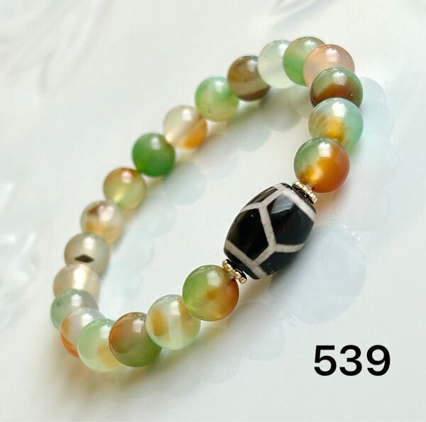 No.539 天然石ブレスレット パワーストーン ハンドメイド 亀甲長寿天珠 孔雀瑪瑙