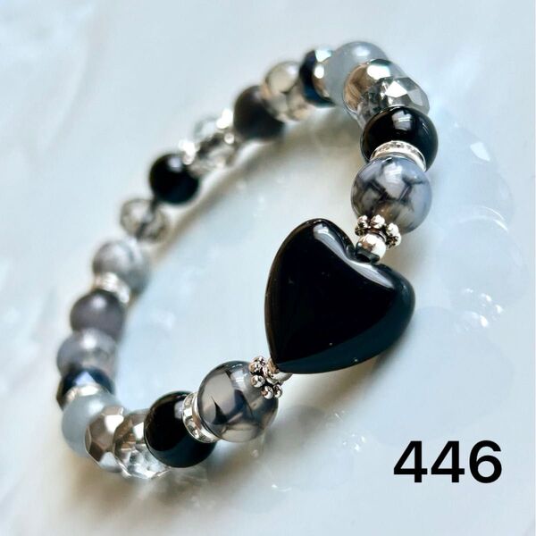 No.446 天然石ブレスレット パワーストーン ハンドメイド ハートのオニキス